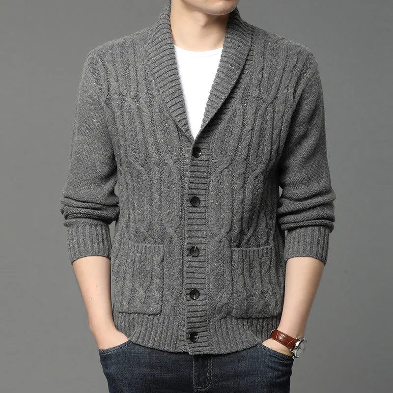 Men's dark grey jacquard knit cardigan jacket on a hanger.