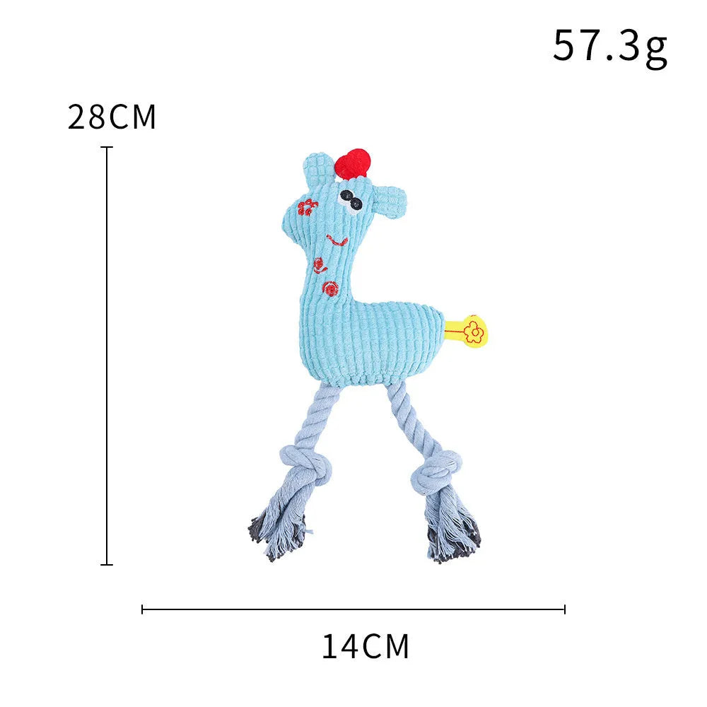 Blue deer-shaped plush dog toy with corn grain texture and squeaker