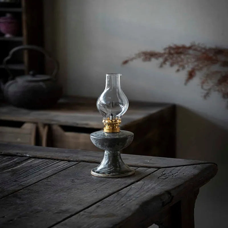 Retro split design black Shino kerosene lamp night light with antique handmade finish, 23.8cm height