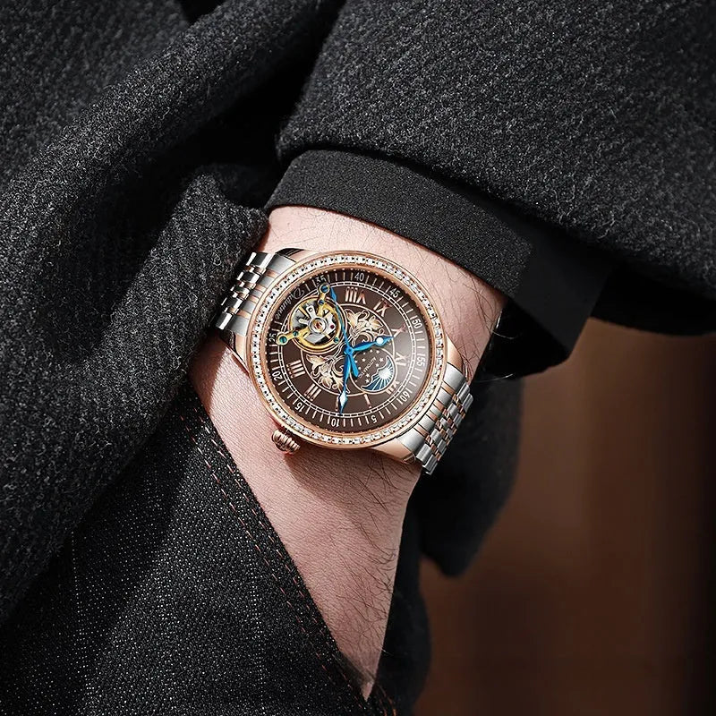 Men's waterproof mechanical watch with stainless steel strap and round dial on a wrist.