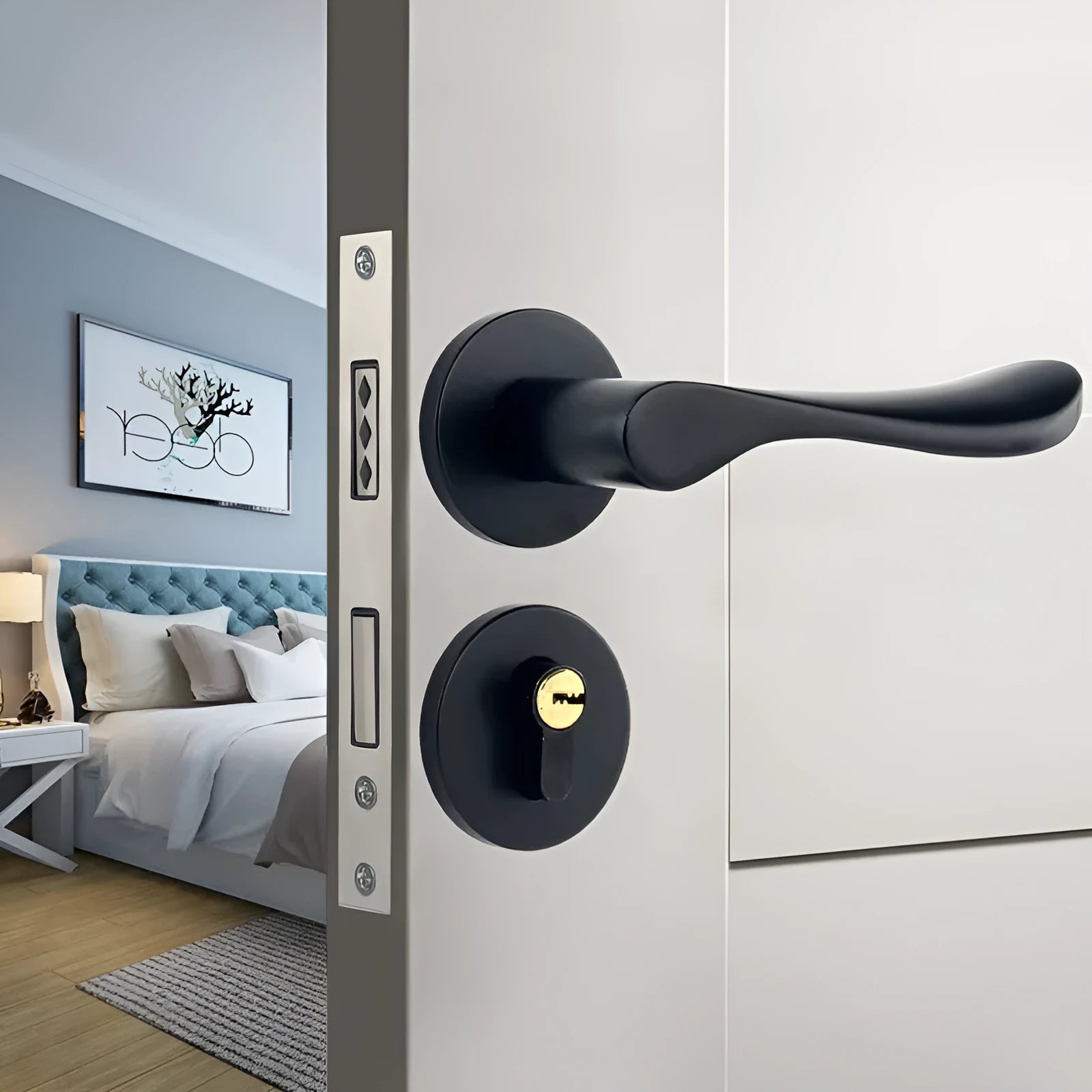 Aluminium alloy indoor split magnetic door lock handle for timber doors in black finish.