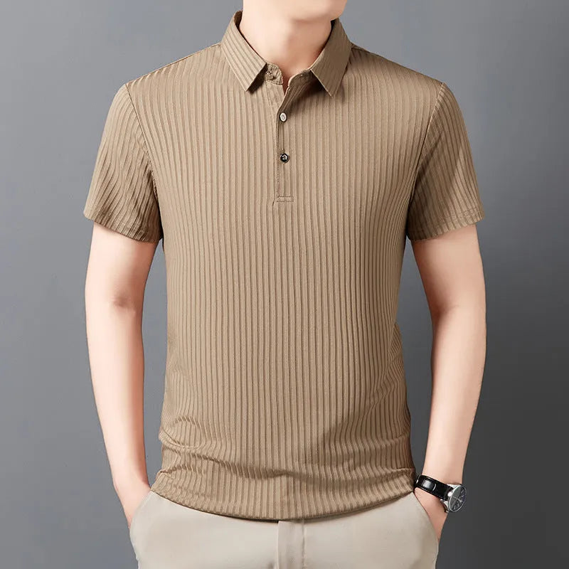 Men's ice silk cut-out lapel polo shirt with stripe pattern in light green – loose fit business casual top
