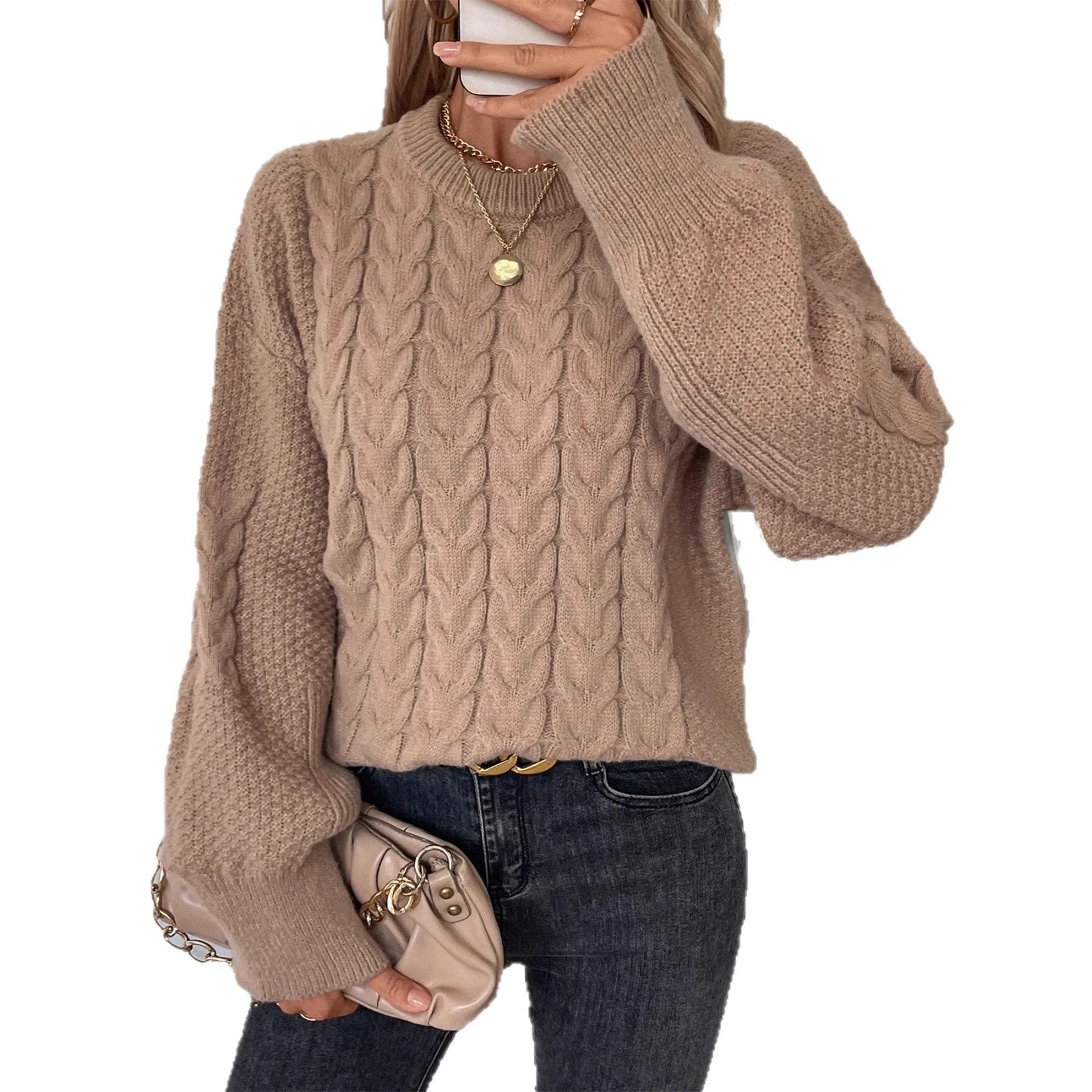 Women's khaki loose sweater with twist detail and round neck