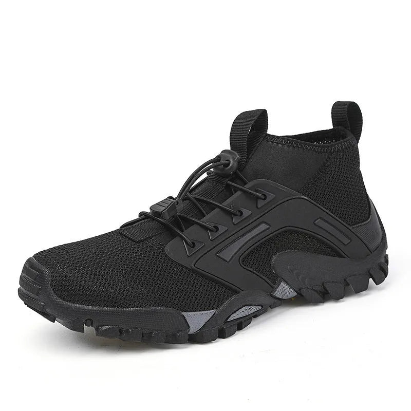 Men's non-slip hiking shoes with fly woven upper and rubber sole, mid-top style in black