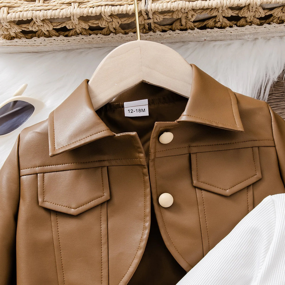 Korean-style children's two-piece set in brown cotton: long-sleeve coat and dress for baby girls, suitable height 12-18 months