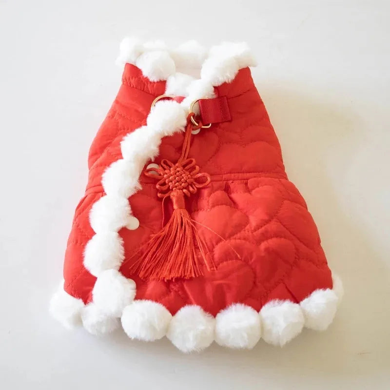 Red Chinese-style pet clothing with thick faux fur collar and decorative knot detail