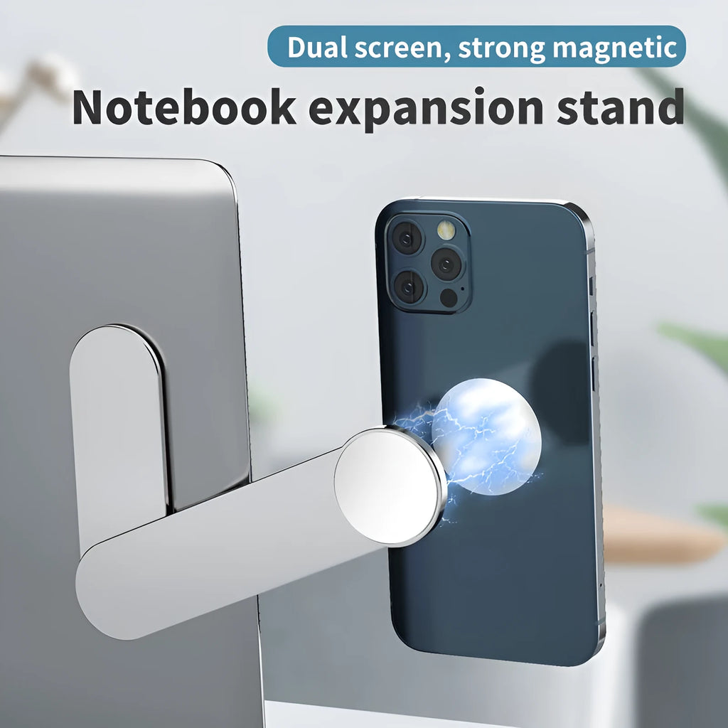 Silver aluminium alloy dual screen extension bracket holding mobile phone beside laptop