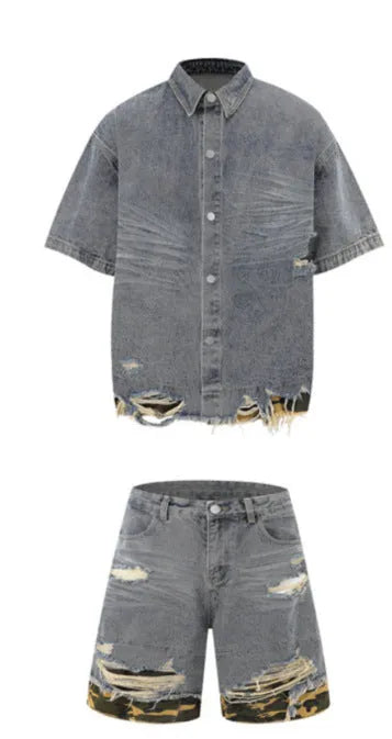 Leopard print denim matching set with short sleeve top and shorts featuring raw cut edge stitching