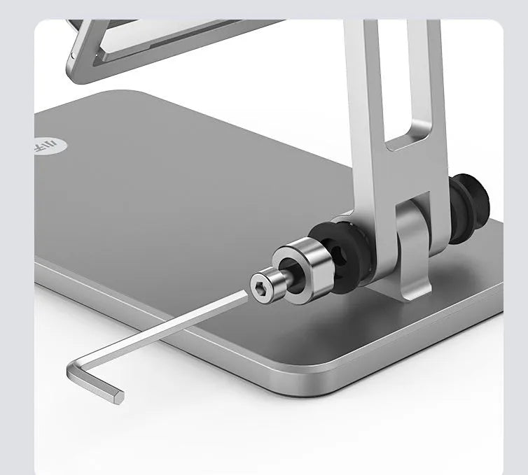Adjustable aluminium alloy desktop stand for mobile phone and tablet in silver colour on a desk
