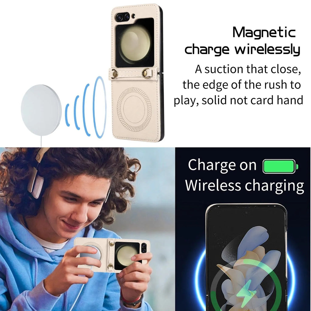 Wireless charging magnetic crossbody flip phone case for Samsung Z Flip 3 4 5 in black with lanyard