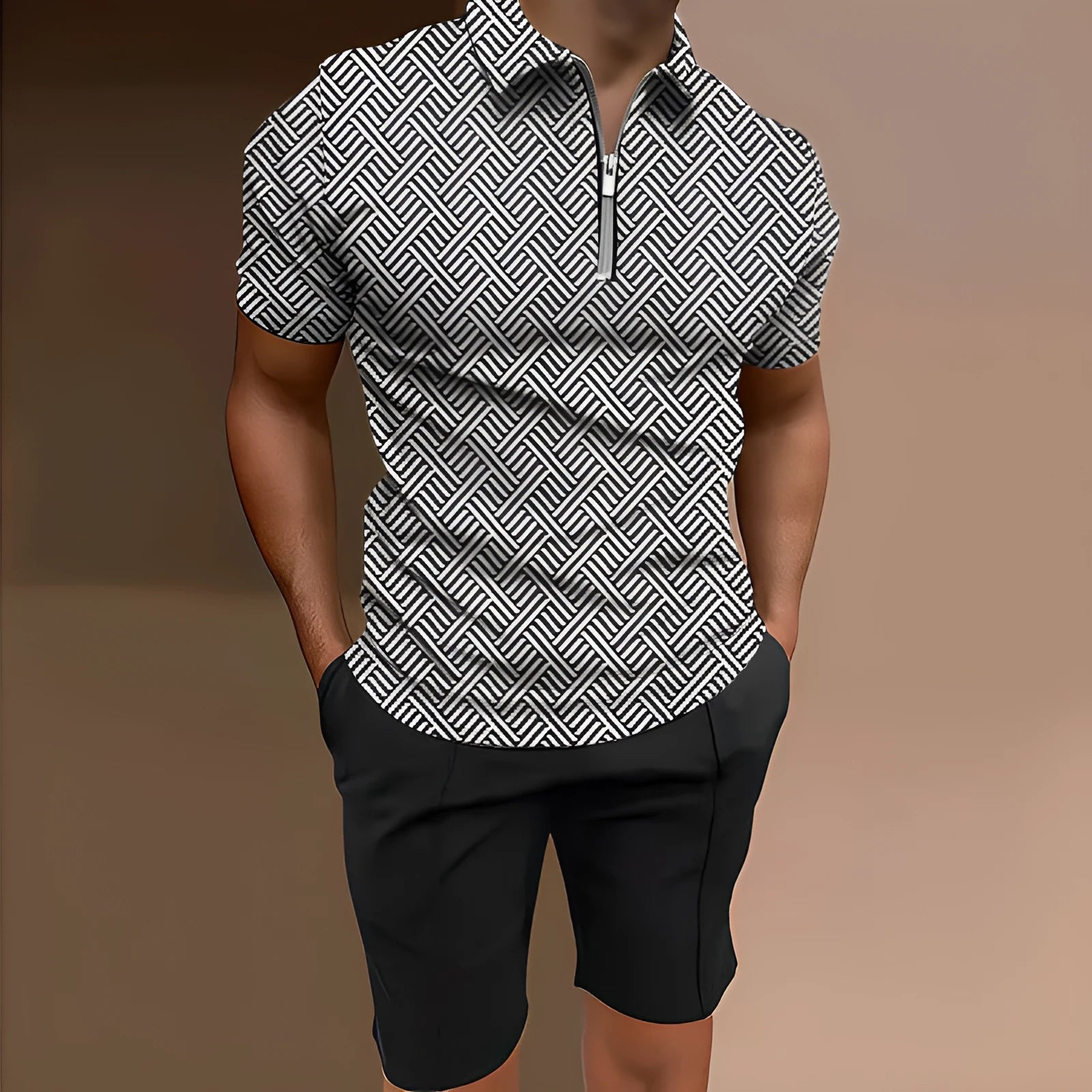 Men's printed polyester two-piece casual set with matching short sleeve top and shorts
