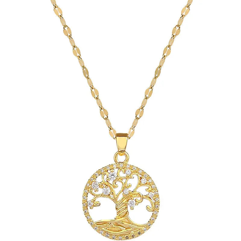 Gold-plated cross pendant necklace with micro-inlaid mother of pearl and rhinestone design on an adjustable chain.