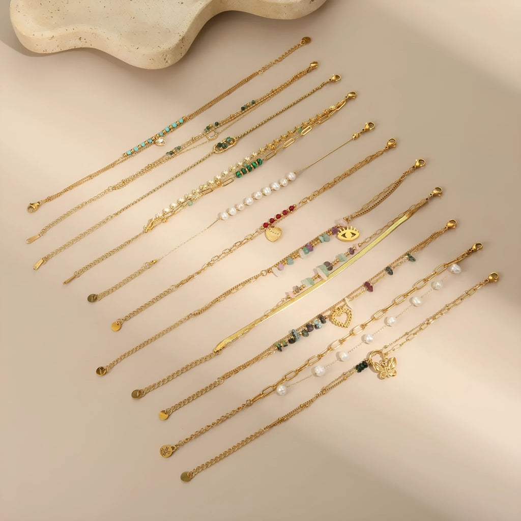 Natural stone and freshwater pearl design stainless steel bracelet with 18K electroplating in geometric style for women