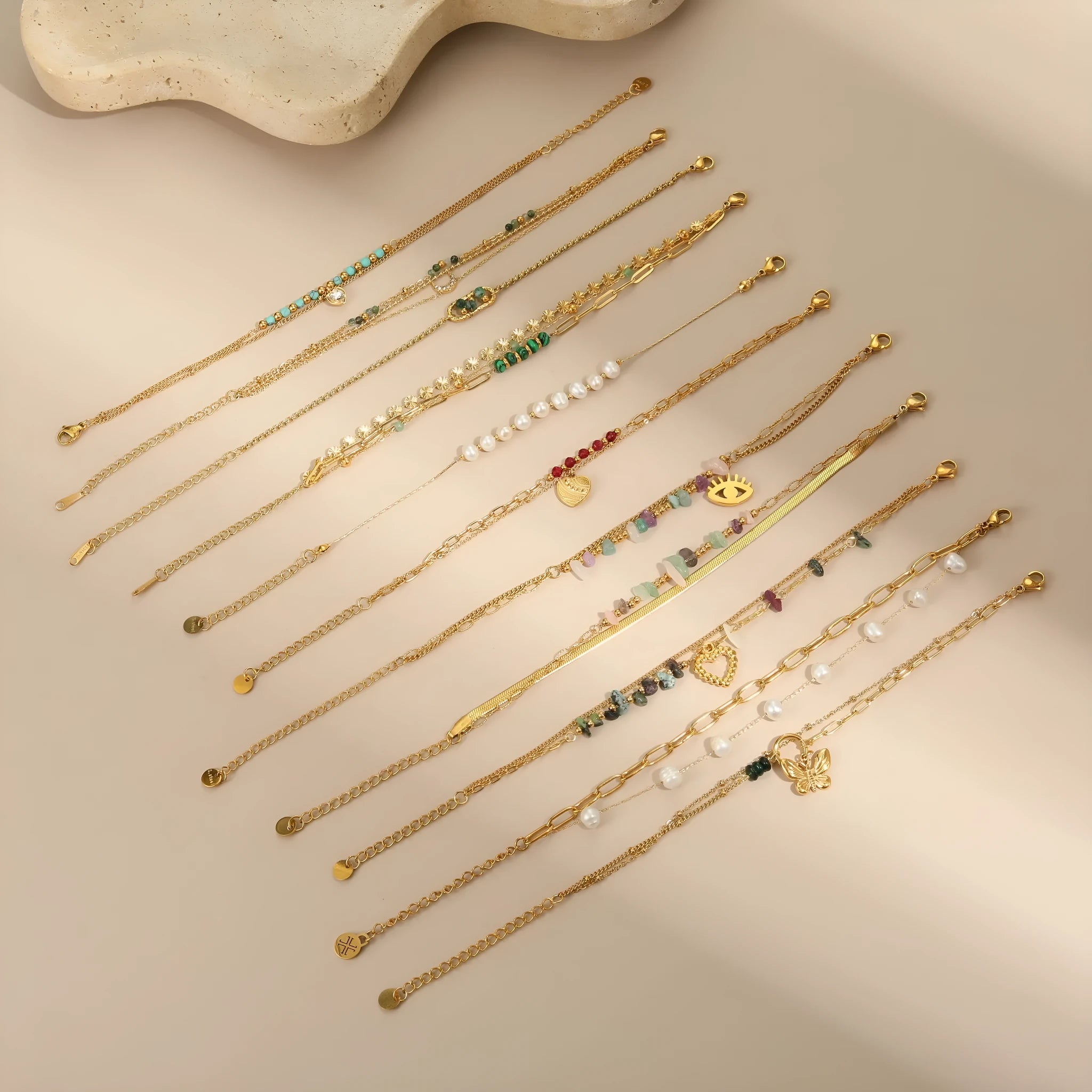 Natural stone and freshwater pearl design stainless steel bracelet with 18K electroplating in geometric style for women