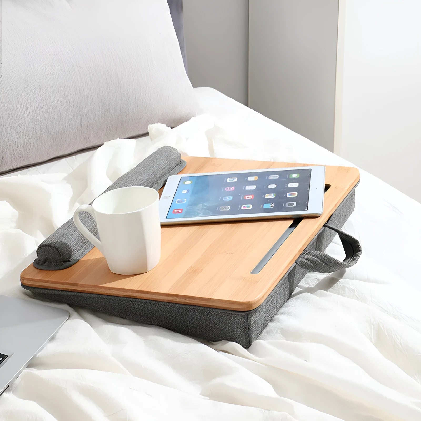 Lazy sofa lap computer desk in bamboo and fabric Japanese style with card slot and two size options