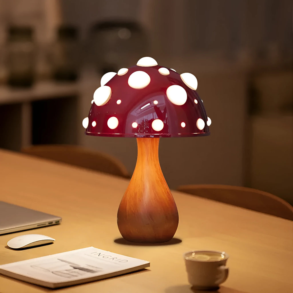 Mushroom decorative table lamp with tri-colour light on a bedside table, white base option, modern simplicity style