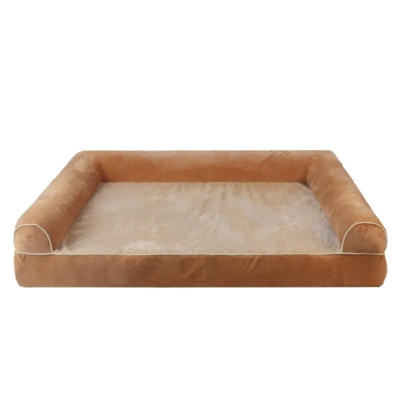 Square sponge dog bed in blue colour showing raised breathable design and cloth cover.