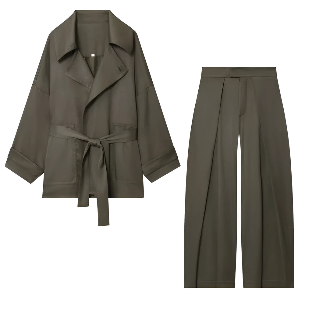 Women's belt coat and pleated trousers set in solid colour, polyester blend, long sleeves, button front