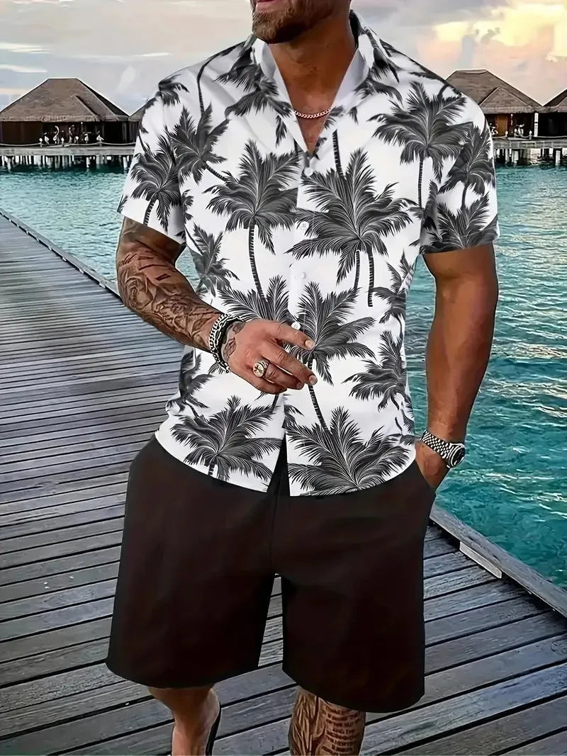 Men's 3D printed Hawaiian style short sleeve shirt and shorts set in polyester fabric.