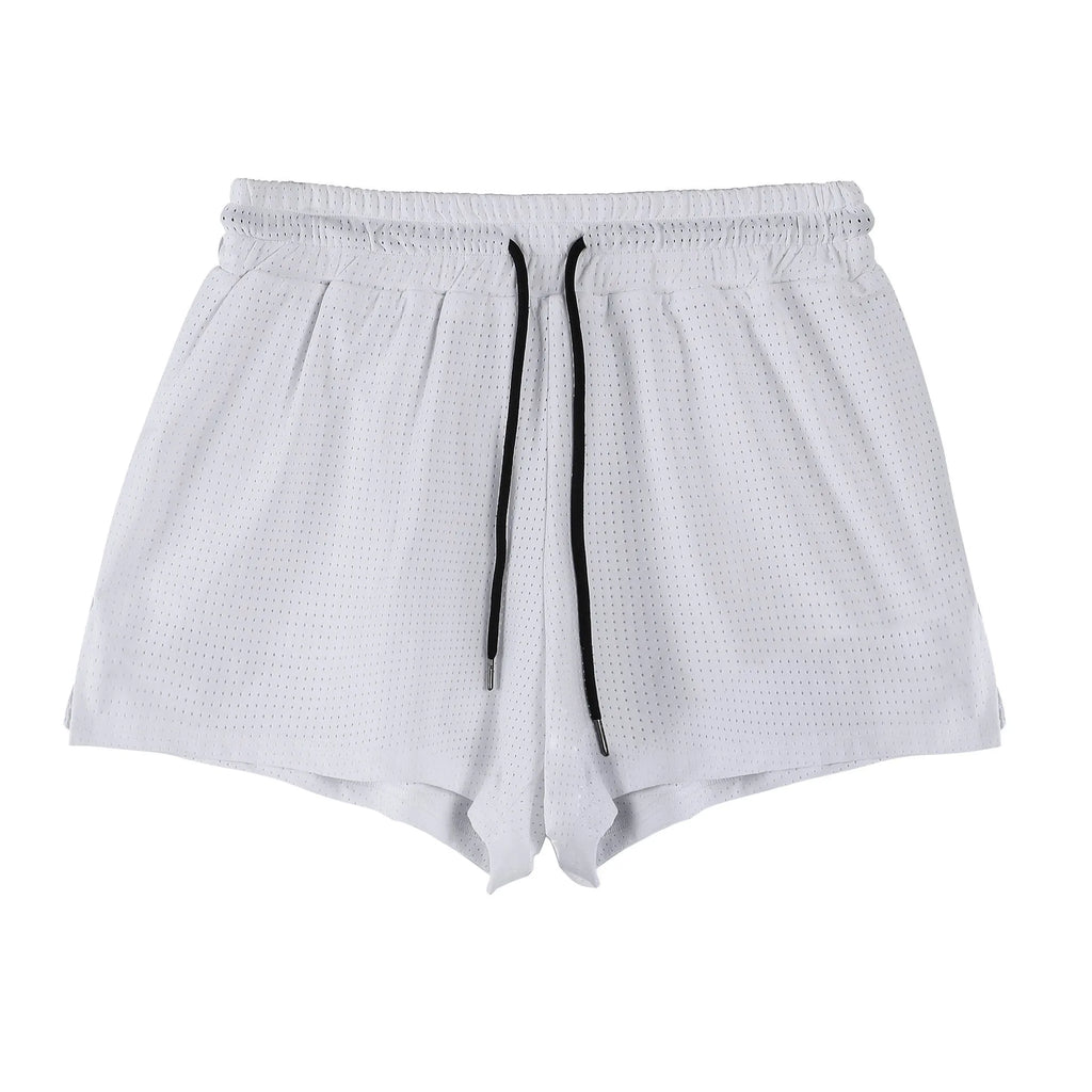 Men's black quick-drying nylon summer shorts on a mid-waist fit model.