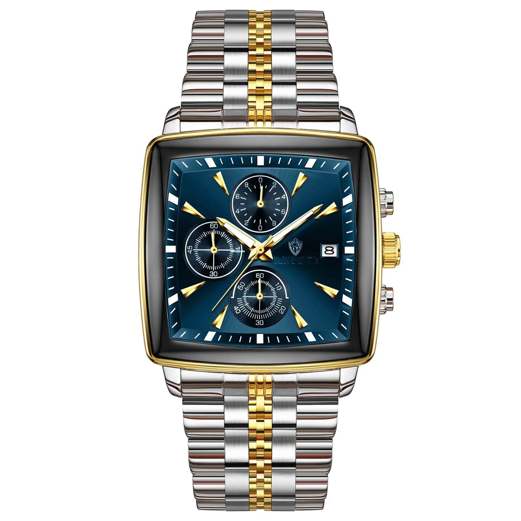 Men's rectangular quartz watch with luminous dial, stainless steel strap, and metal case in business styling