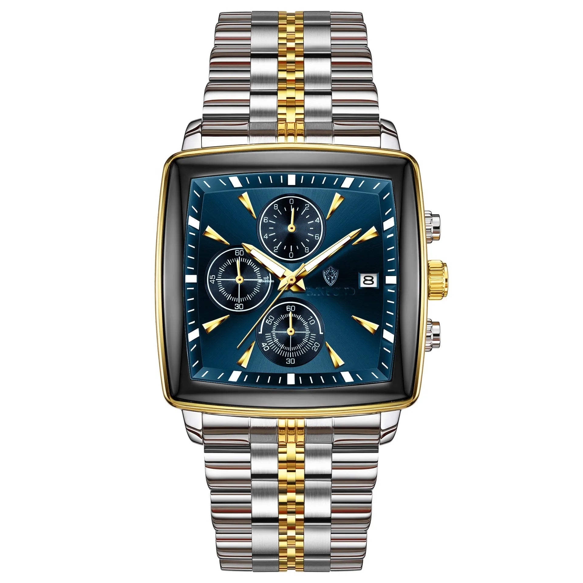 Men's rectangular quartz watch with luminous dial, stainless steel strap, and metal case in business styling