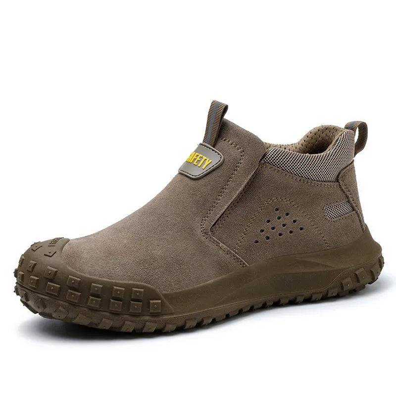 Mid-calf welding safety shoes with steel toe in gray colour, showing suede leather steel cloth upper construction