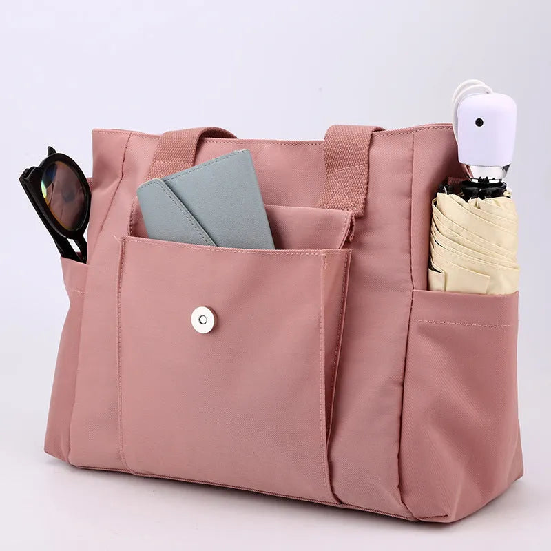 Women's multi-interlayer nylon shoulder bag in khaki, large capacity, horizontal square shape with single strap