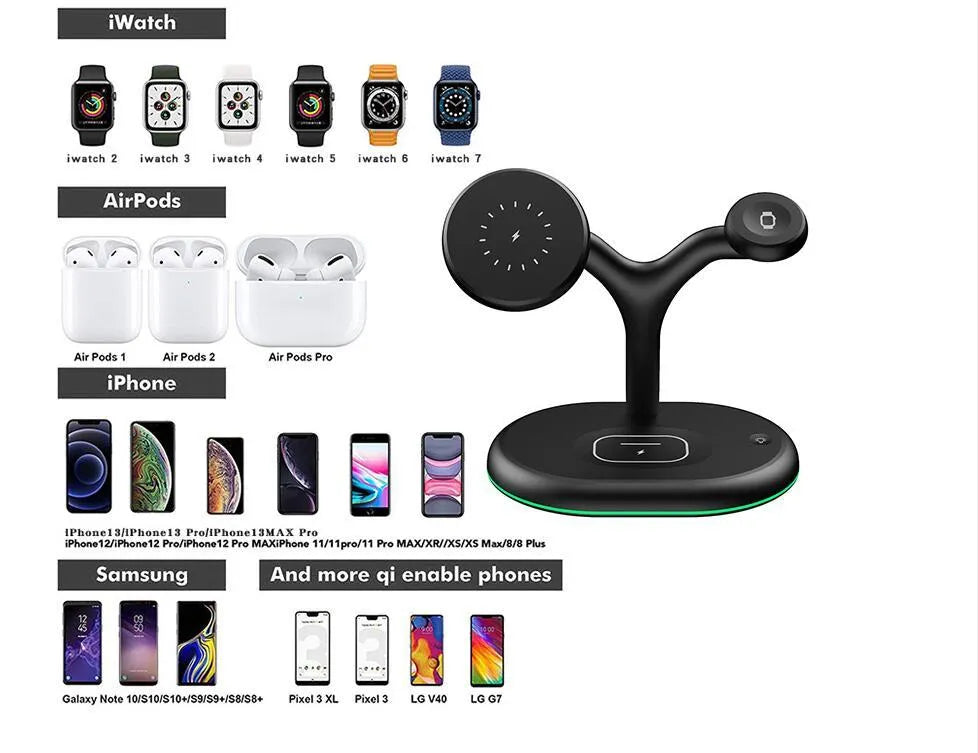Black magnetic three-in-one 15W fast wireless charging stand with vertical orientation for desktop phone charging