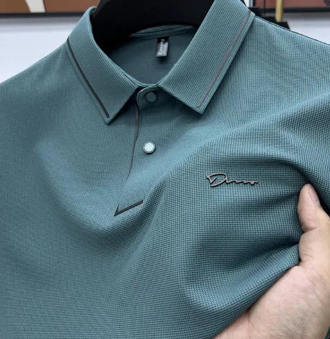 Men's ice silk short sleeve shirt collar summer polo shirt, loose fit, solid colour, nylon fabric, casual top
