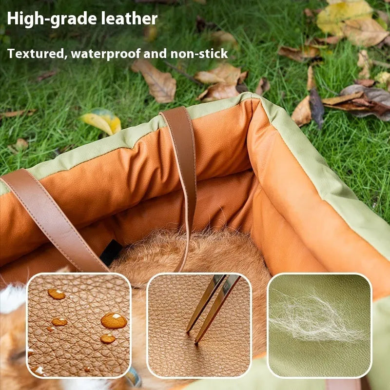 Brown removable cloth cat car kennel cage measuring 55cm by 50cm by 45cm.