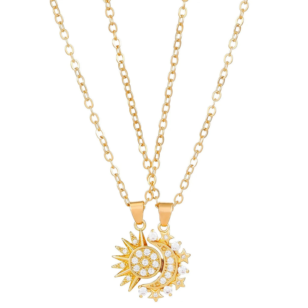 Two copper sun and moon magnetic pendant necklaces on a white background, clavicle chain length, set for couples