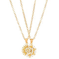 Two copper sun and moon magnetic pendant necklaces on a white background, clavicle chain length, set for couples