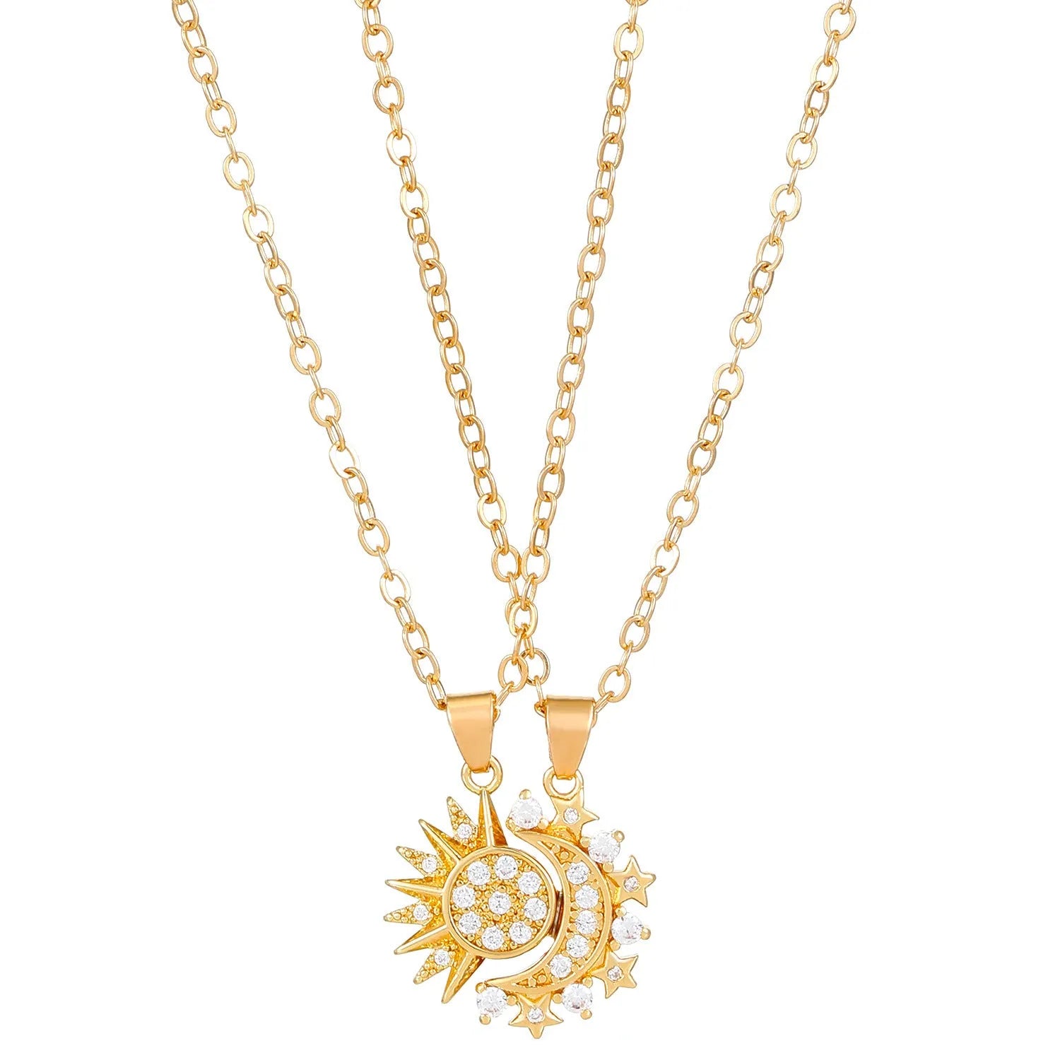 Two copper sun and moon magnetic pendant necklaces on a white background, clavicle chain length, set for couples