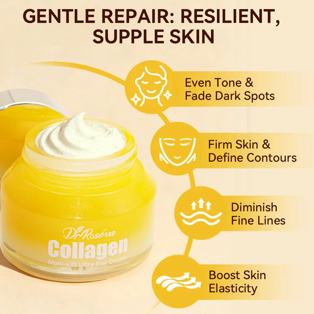Dr. Roseva Daily Care Collagen Day Cream 166g jar with white label and gold accents
