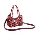 Women's colour woven PU leather shoulder bag showing handmade texture and 18x11x14 cm dimensions