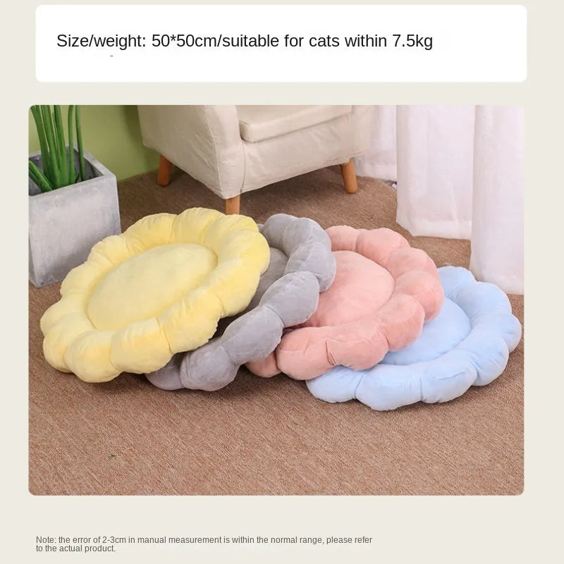 Square blue half-surrounded plush pet bed for small dogs and cats on a wooden floor.