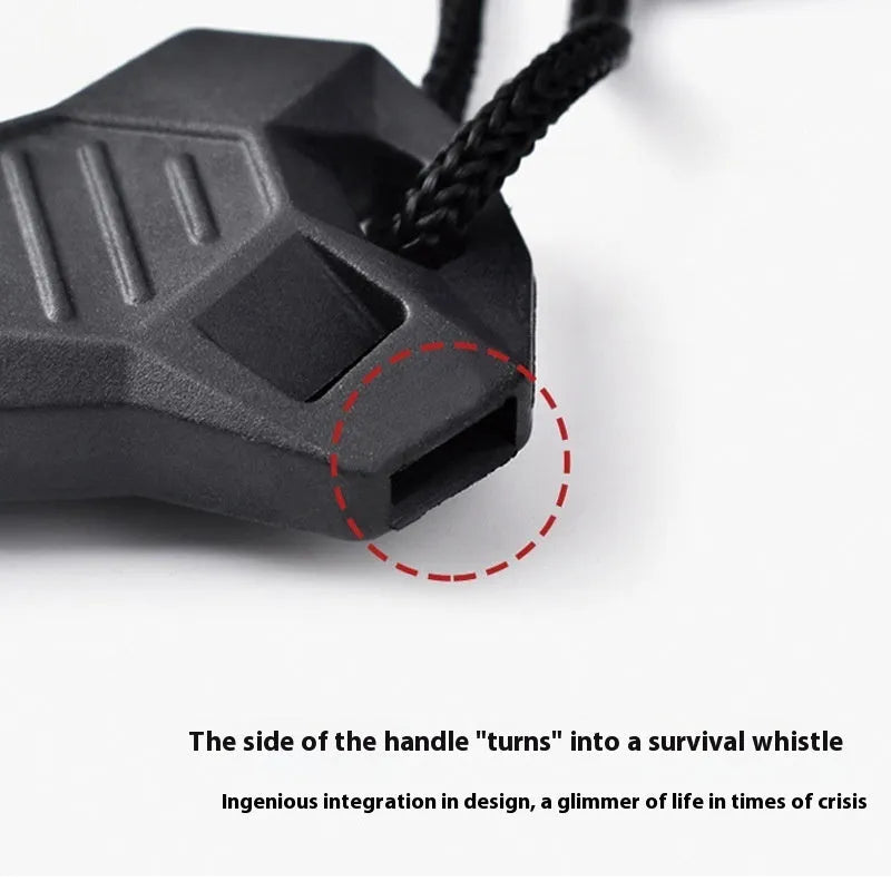 Black outdoor survival flint tool with magnesium rod, stainless steel scraper, whistle, and measurement scale.