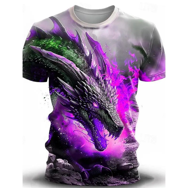 Men's grey T-shirt with a detailed 3D blue wind dragon print on the front.