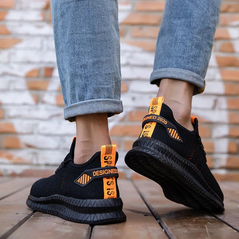 Men's steel toe work safety shoes breathable fly woven mesh low top black orange
