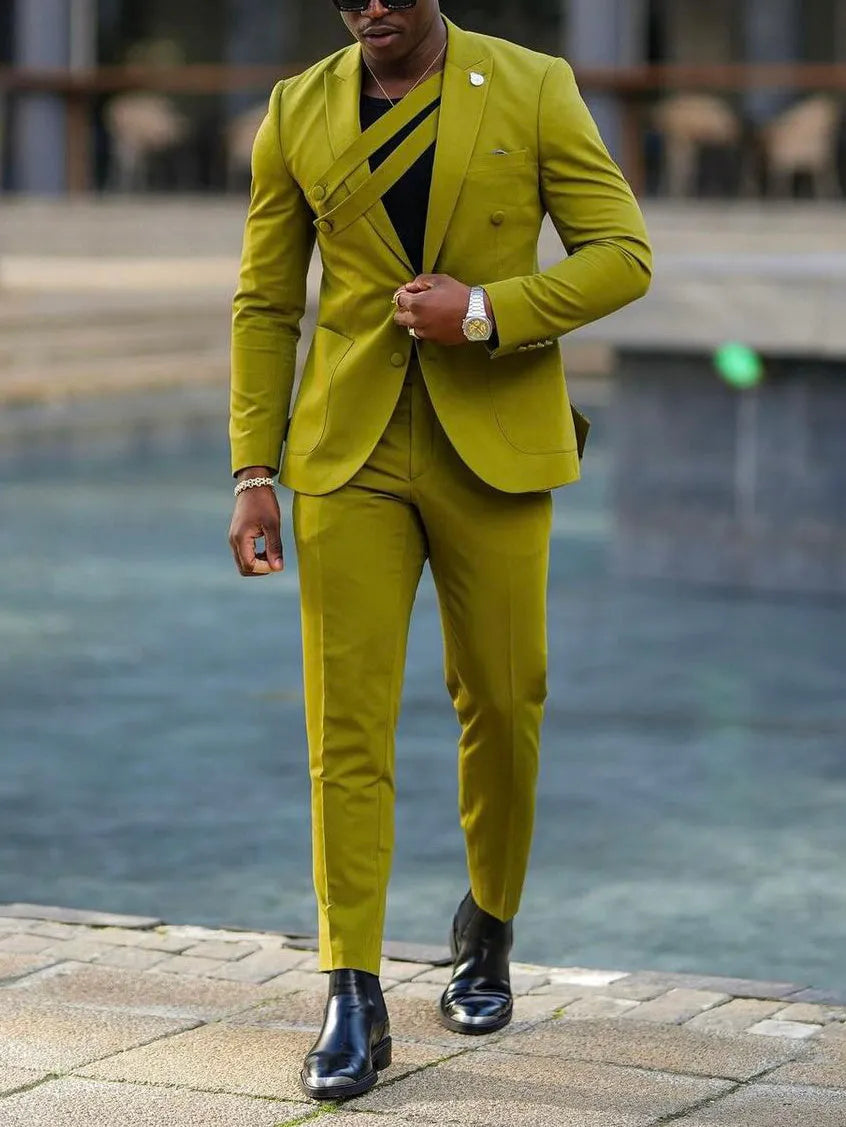 Olive green women's suit set with asymmetric strap blazer and trousers, tailored fit, polyester, regular length, sizes S to 3XL