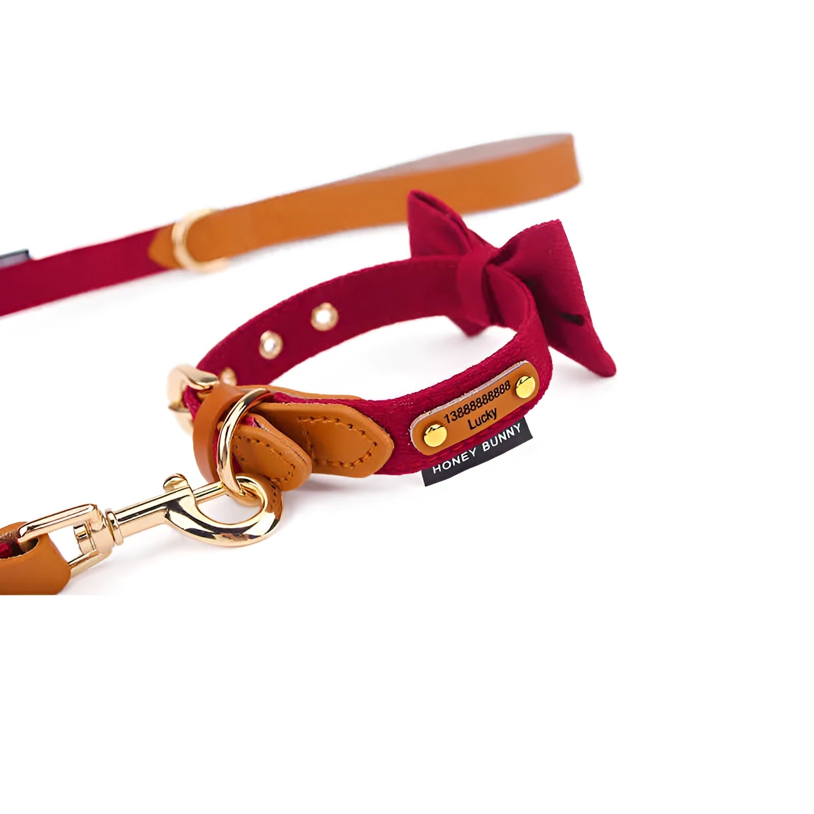 Dog collar with lettering and bowknot leather hand holding rope set in creamy green colour for small dogs