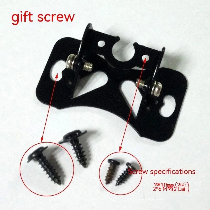 Black metal universal car camera holder bracket with adjustable angle, shown with mounting screws.