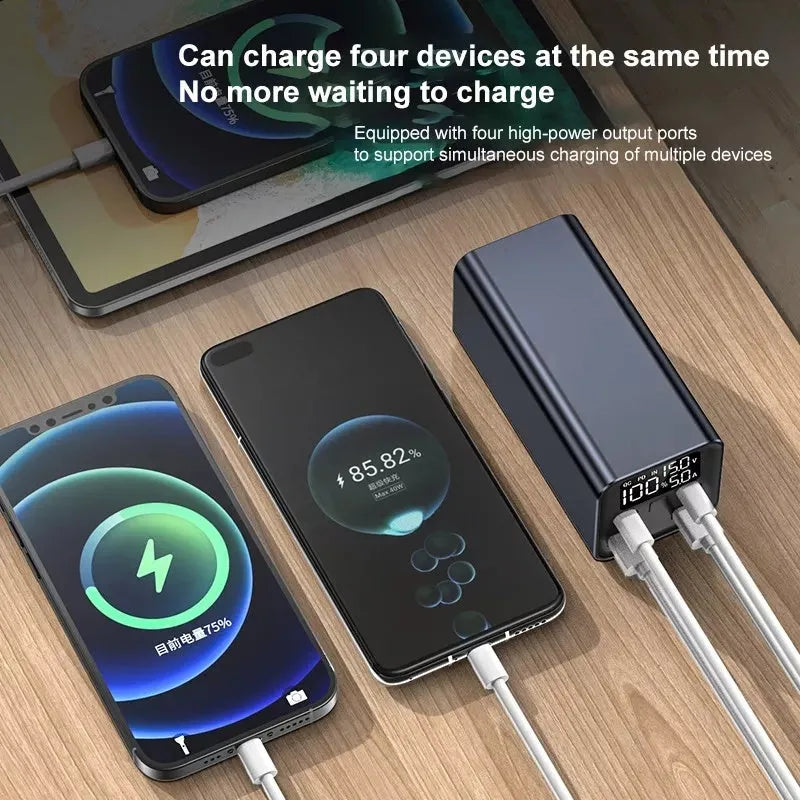 Super Fast 65W metal charging bank with 20000mAh capacity in black, blue, or grey colours.