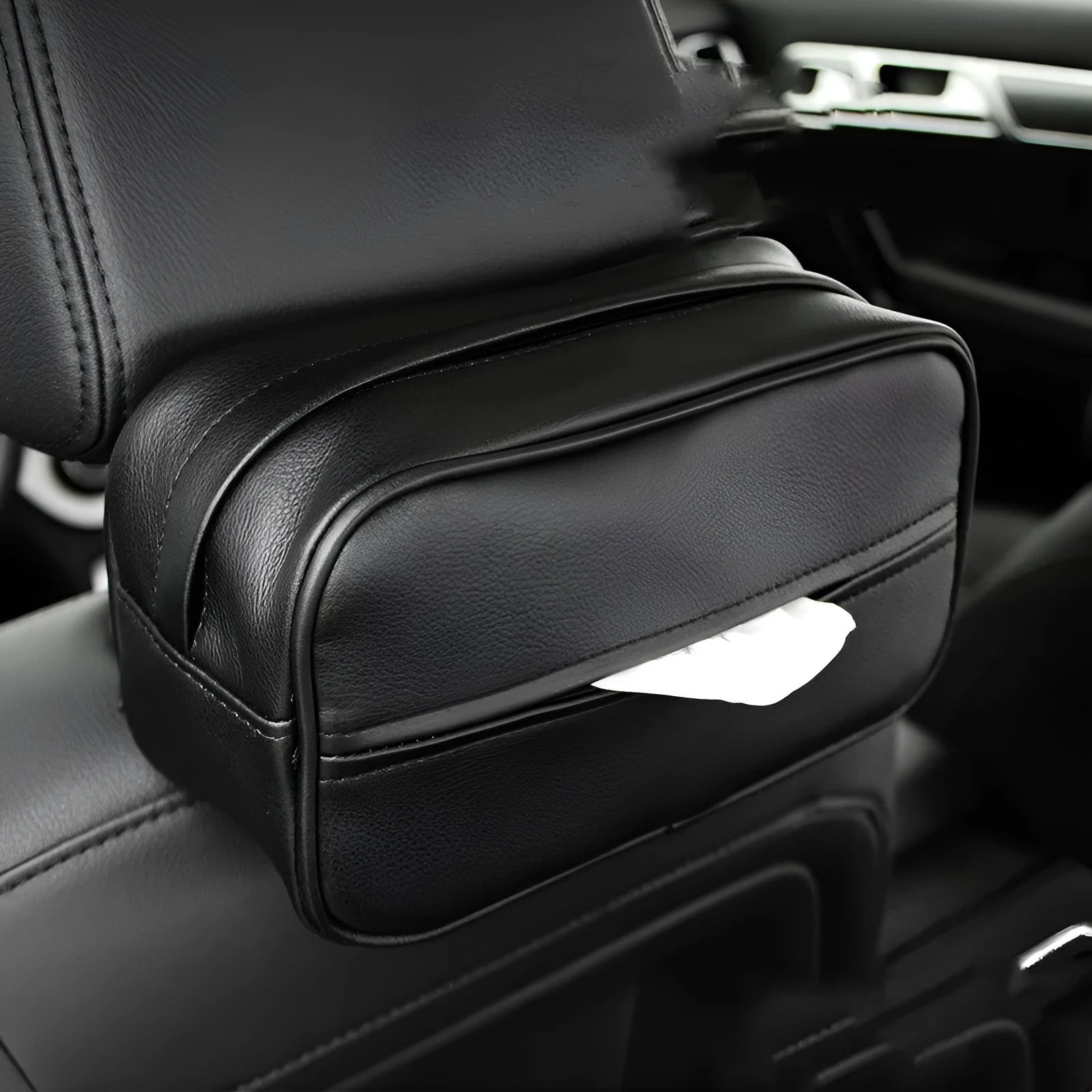 Black PU leather car hanging storage box with paper bag organiser for vehicle interior storage