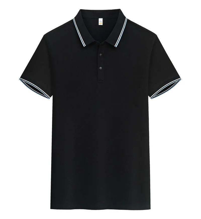 A pure cotton polo shirt with a lapel collar and short sleeves, shown in a light blue colour.