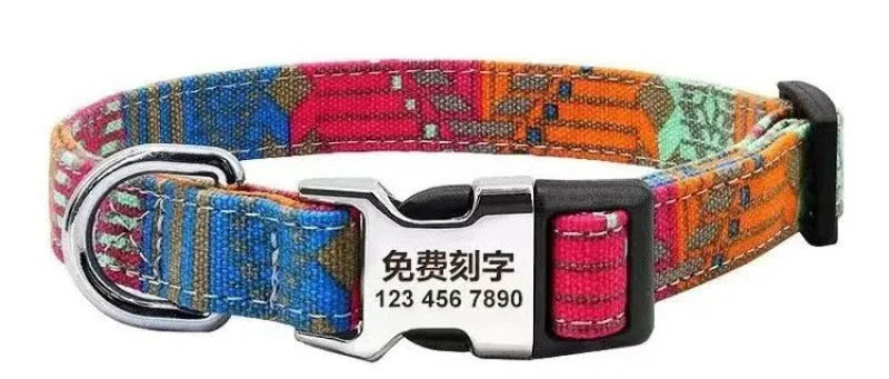 Striped canvas dog collar with semi-metal buckle in bohemian blue colour with adjustable sizing.