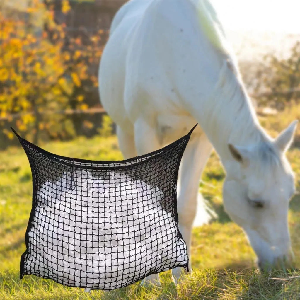 Woven polyethylene rope hanging feeding bag for livestock in a grid design.