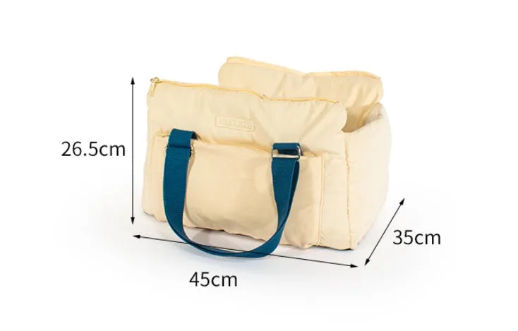 White portable cat bag made of peach skin velvet with cotton belt, measuring 45x35x26.5cm