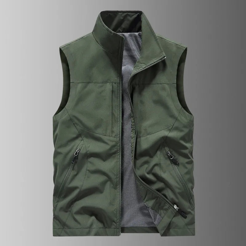 Men's casual stand collar printed vest in army green polyester loose fit